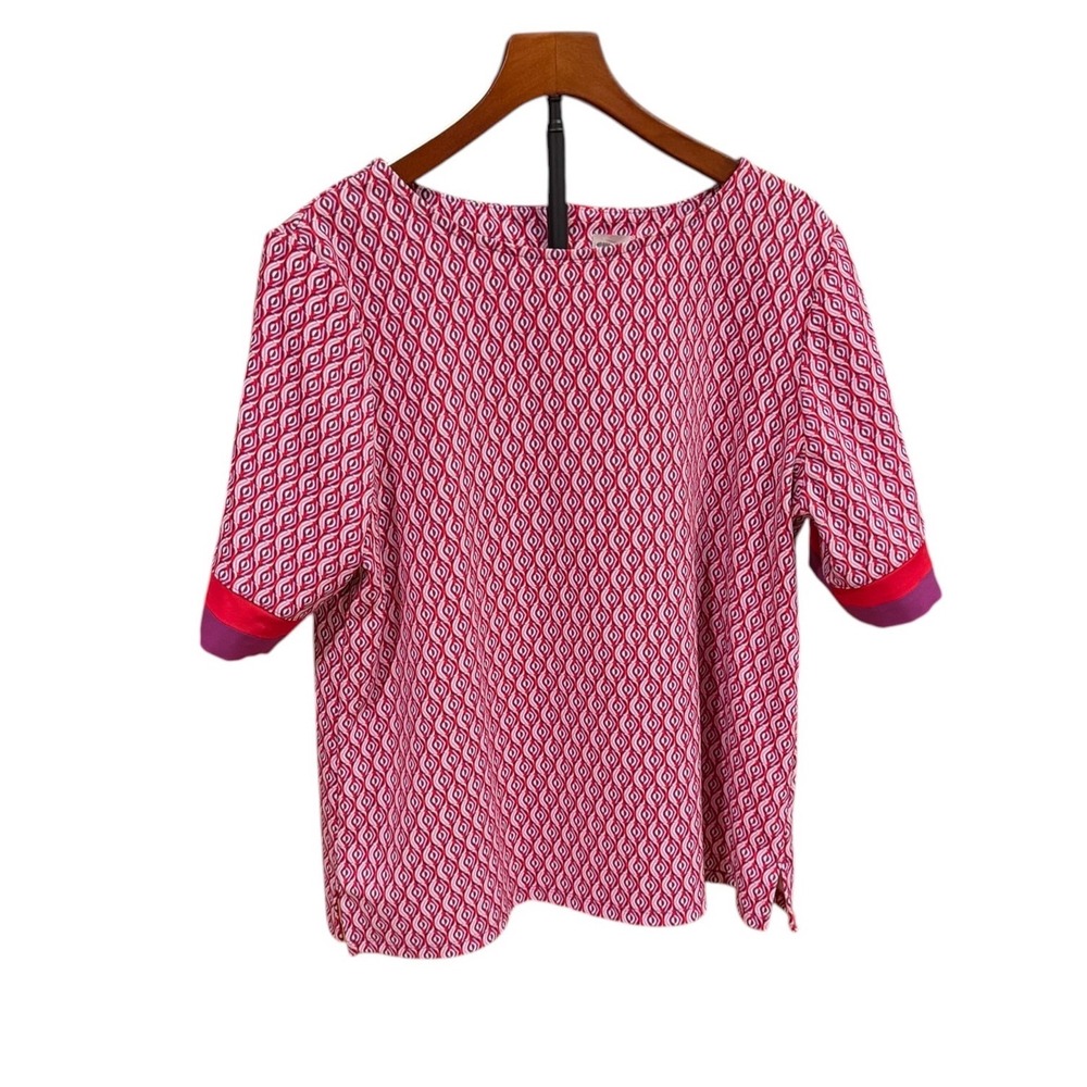 Chicos Pink Red Geometric Ogee Print Short Sleeve Blouse Sz 2 Large Zip Back Mod